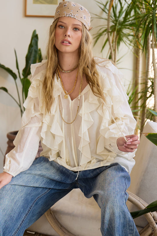 Ruffled Tie Front Boho Long Sleeve Blouse