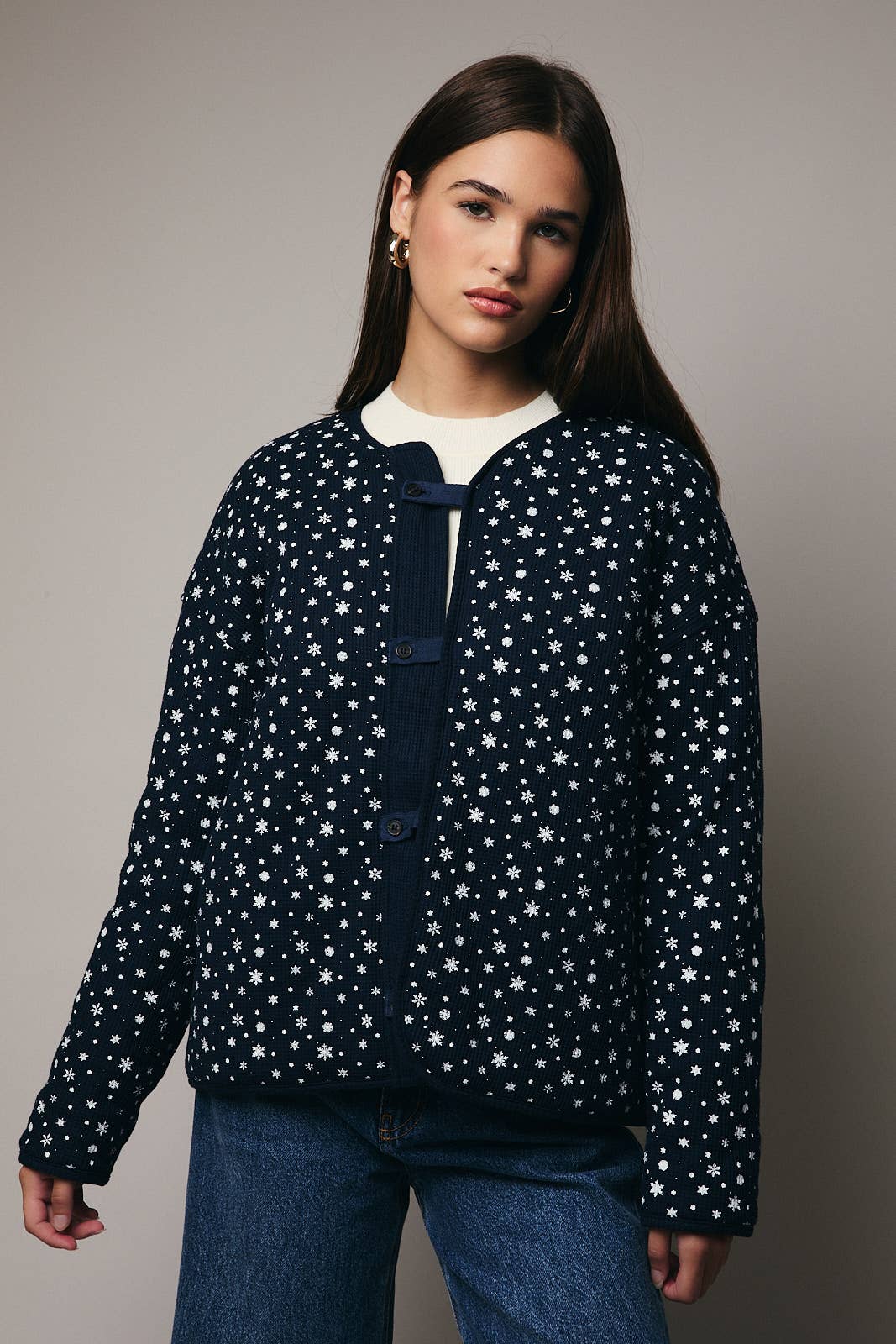 ROUND NECK LONG SLEEVE THERMAL PRINTED BUTTON DOWN JACKET