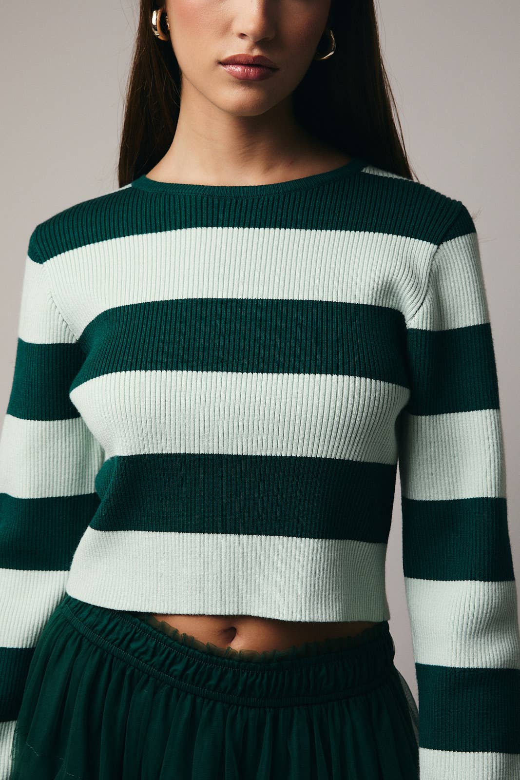 ROUND NECK LONG SLEEVE STRIPE RIBBED TOP