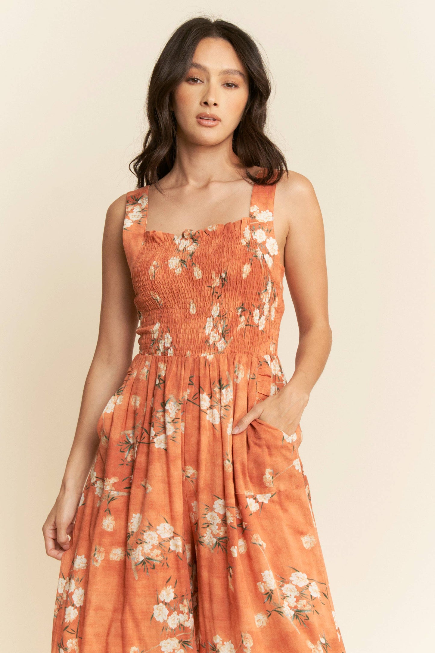 FLORAL RUFFLE SQUARE NECK SMOCKING BODICE JUMPSUIT