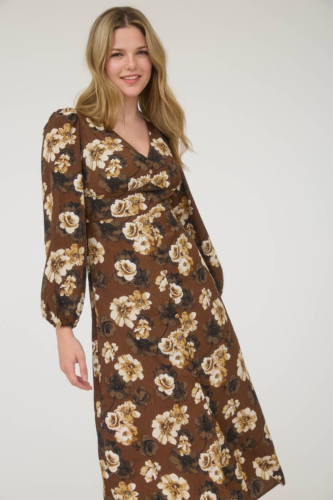 FLORAL V NECK LONG SLEEVE BUTTON DOWN MIDI DRESS