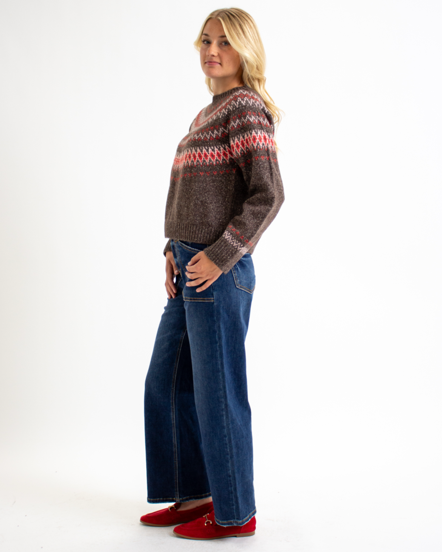 Fair Weather Brown Mock Neck Geometric Print Sweater