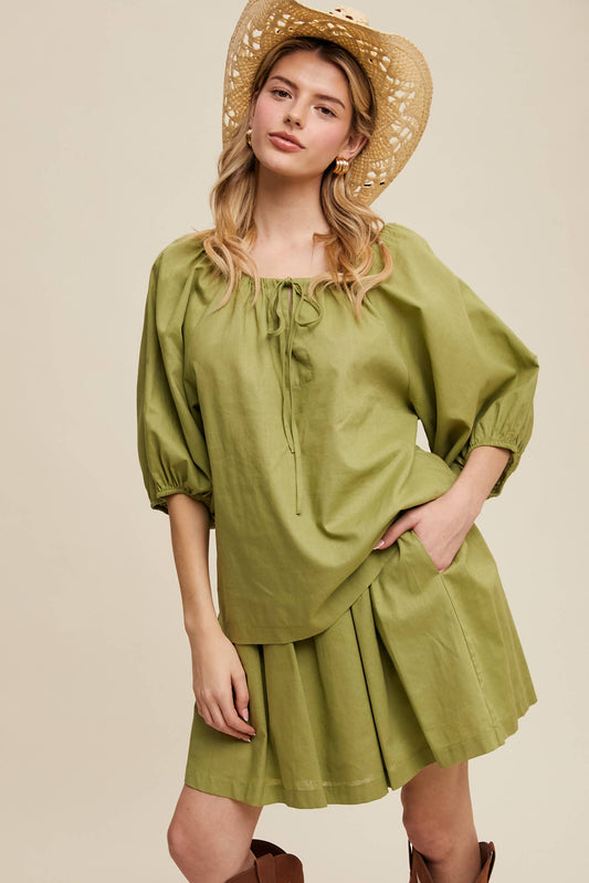 Linen Puff Sleeve Blouse & Pleated Skirt Set