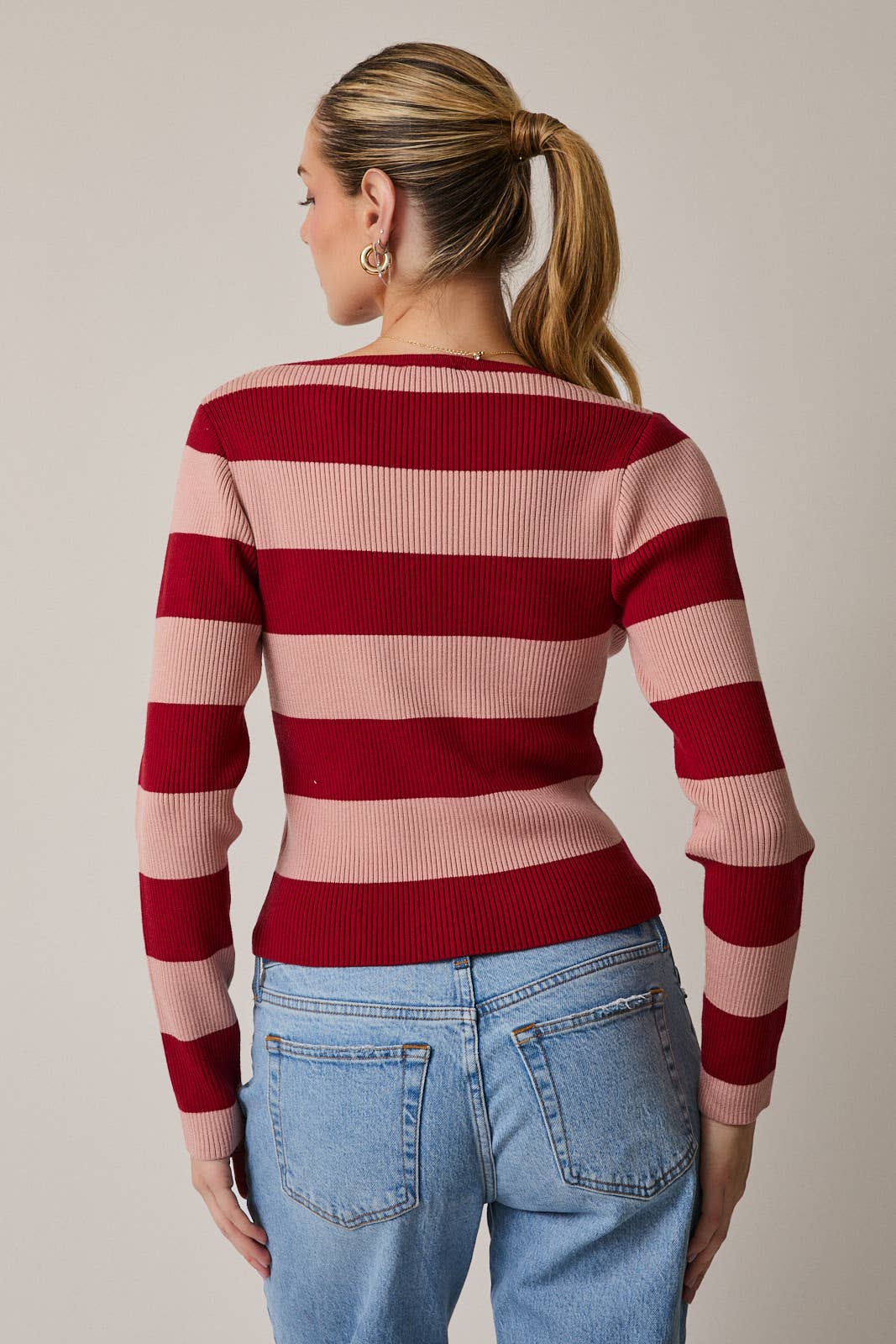 ROUND NECK LONG SLEEVE STRIPE RIBBED TOP