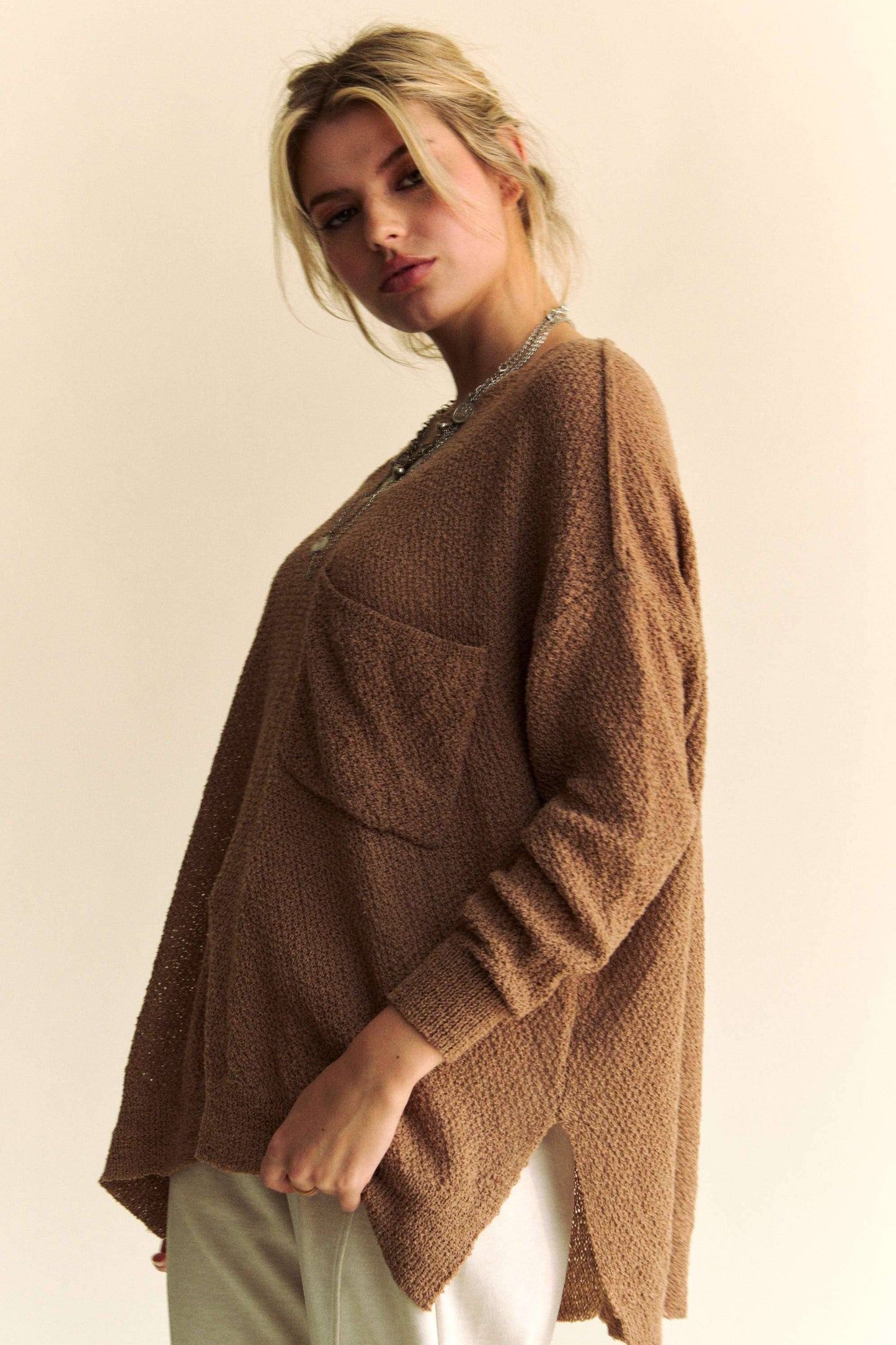 TEXTURED YARN DETAIL RELAXED FIT EASY SWEATER TOP