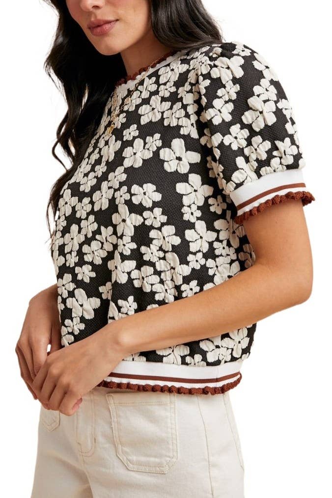 Flower Embossing Puff Sleeve Knit Top