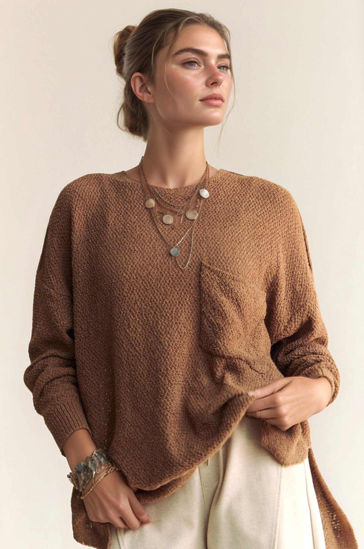 TEXTURED YARN DETAIL RELAXED FIT EASY SWEATER TOP