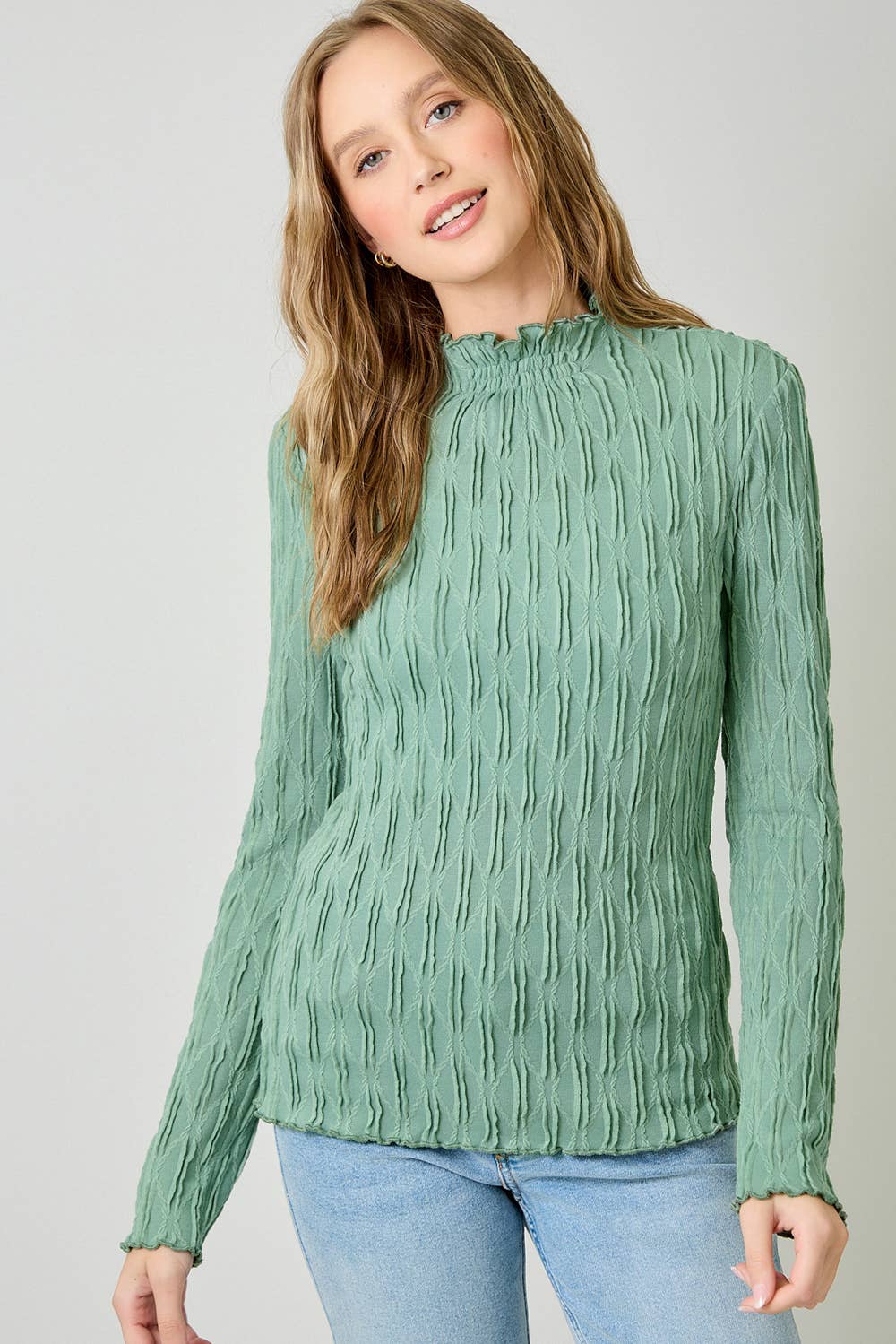 61147 Lettuce Edge Textured Knit Top