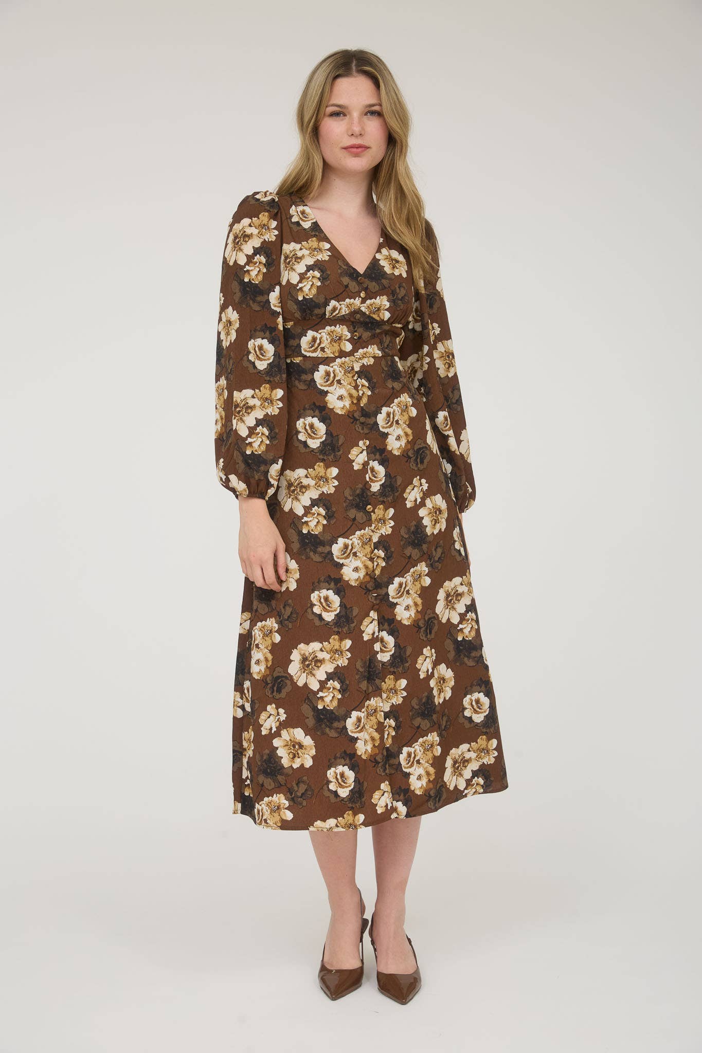 FLORAL V NECK LONG SLEEVE BUTTON DOWN MIDI DRESS