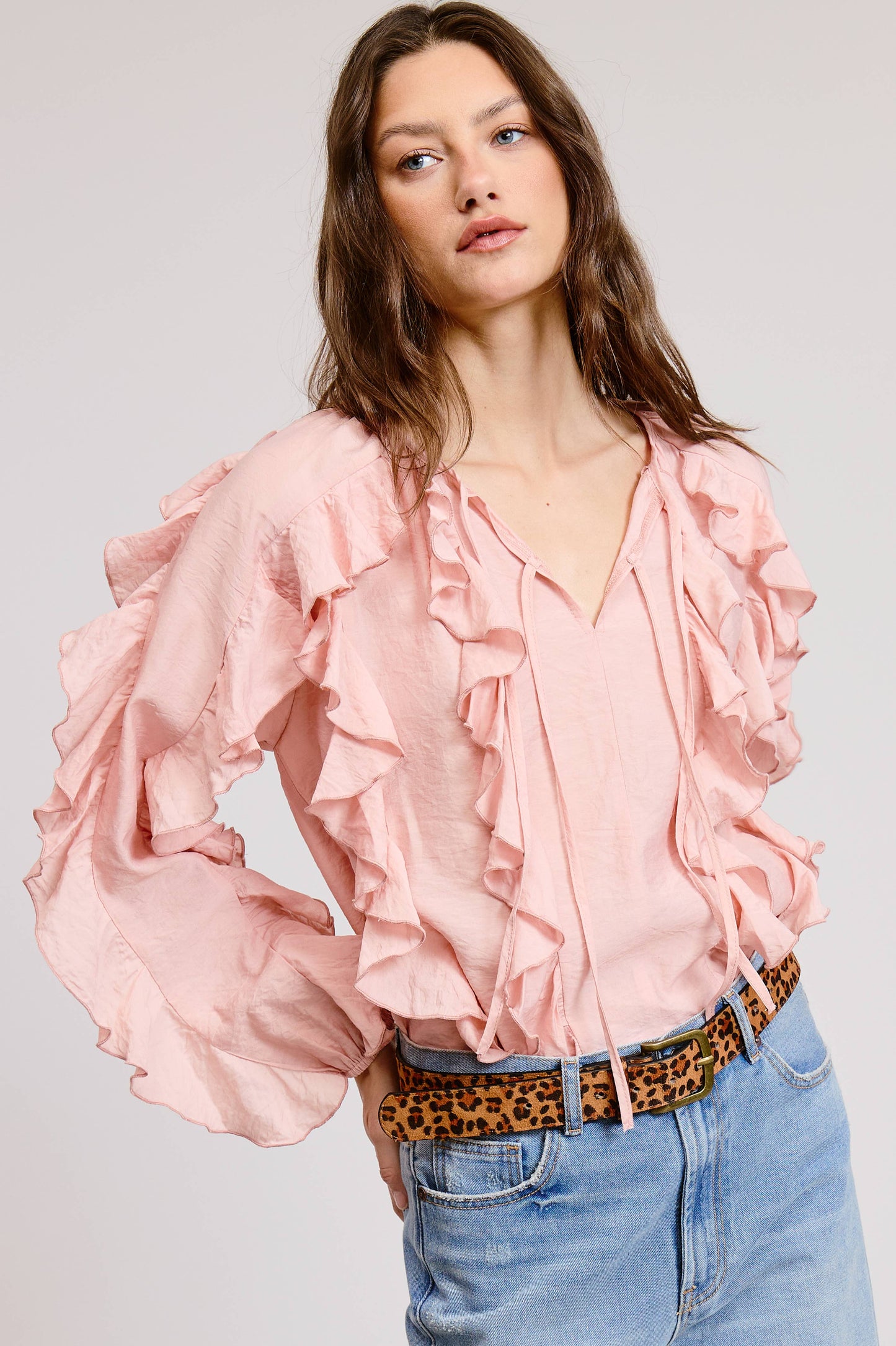Ruffled Tie Front Boho Long Sleeve Blouse