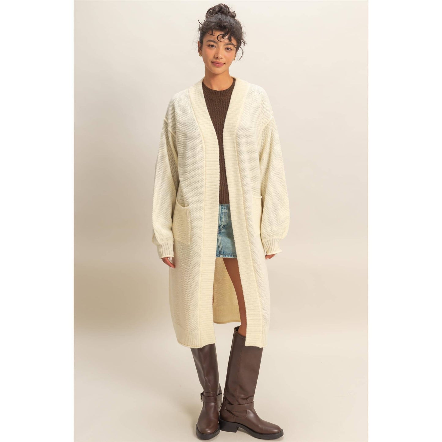 Oversized Textured Open Front Long Cardigan Sweater