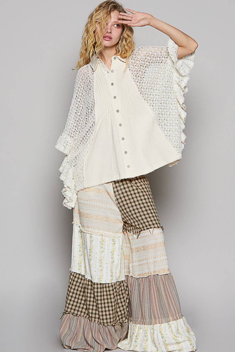 Oversize crochet contrast ruffle detail woven top