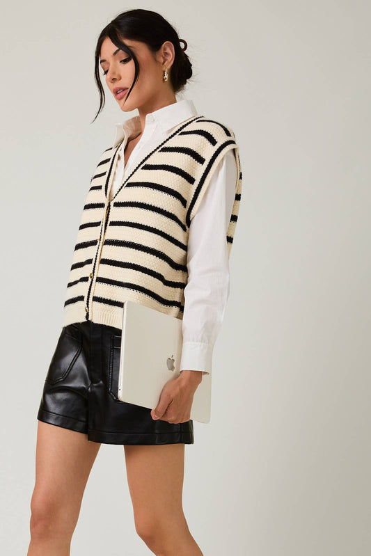 V-NECK BUTTON DOWN SLEEVELESS STRIPE SWEATER VEST
