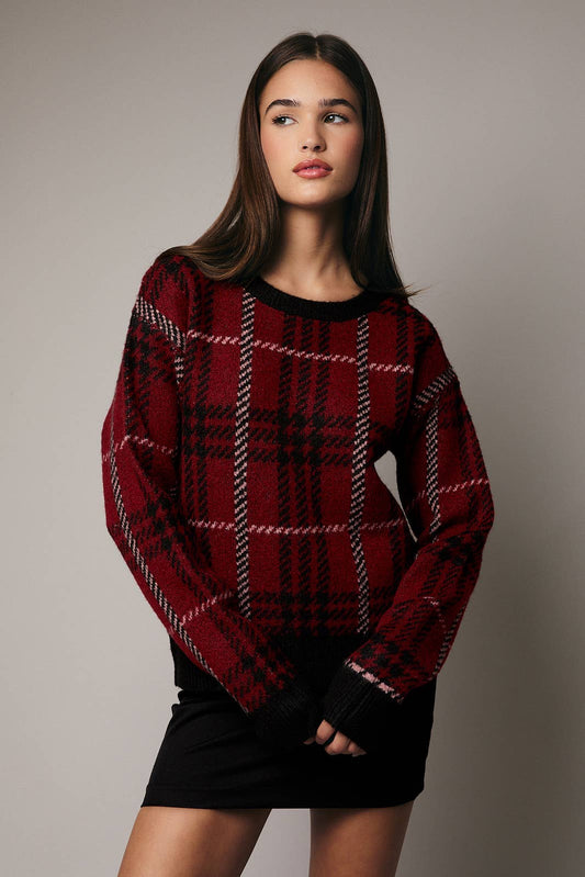 ROUND NECK LONG SLEEVE PLAID SWEATER