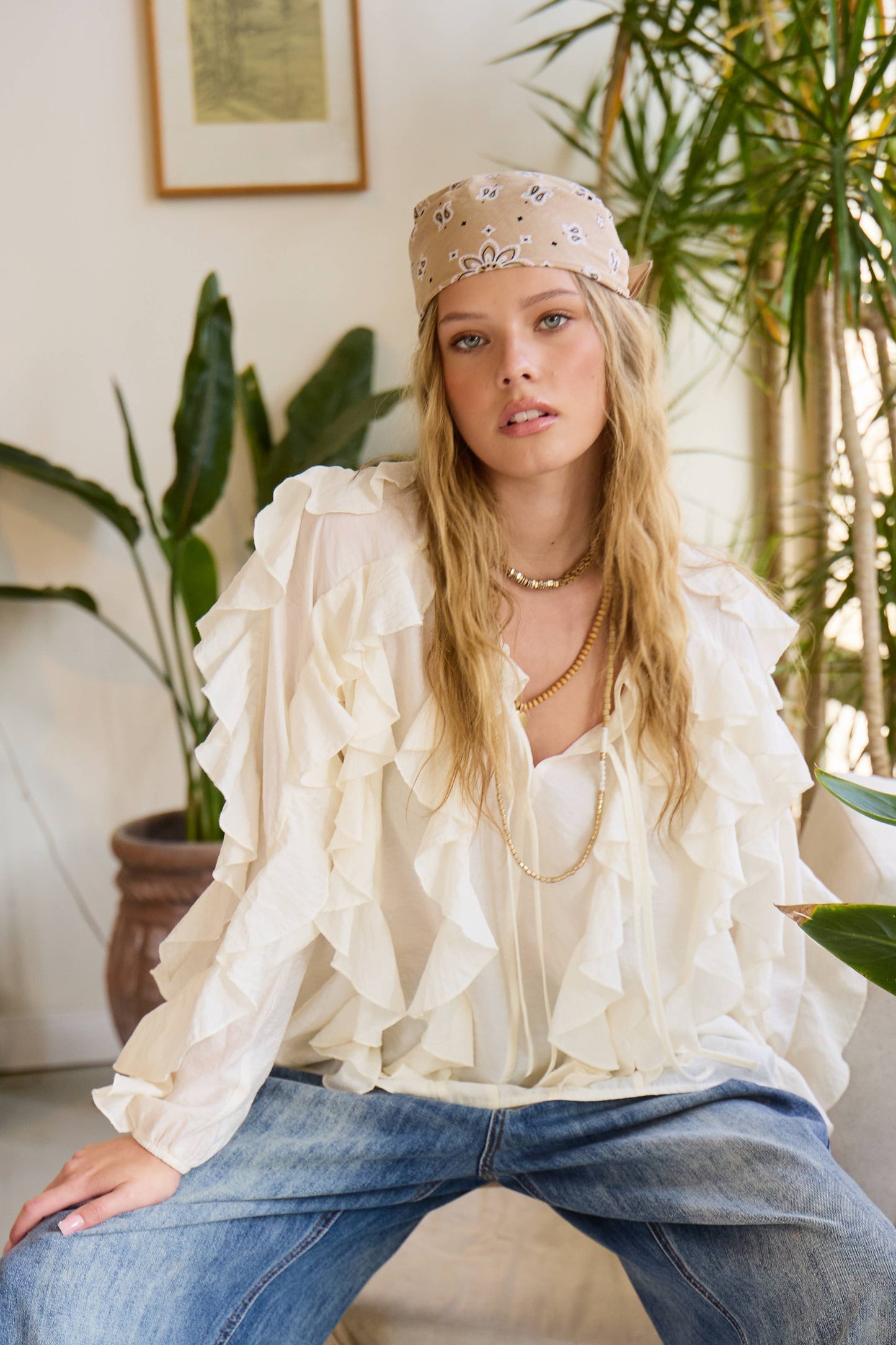 Ruffled Tie Front Boho Long Sleeve Blouse