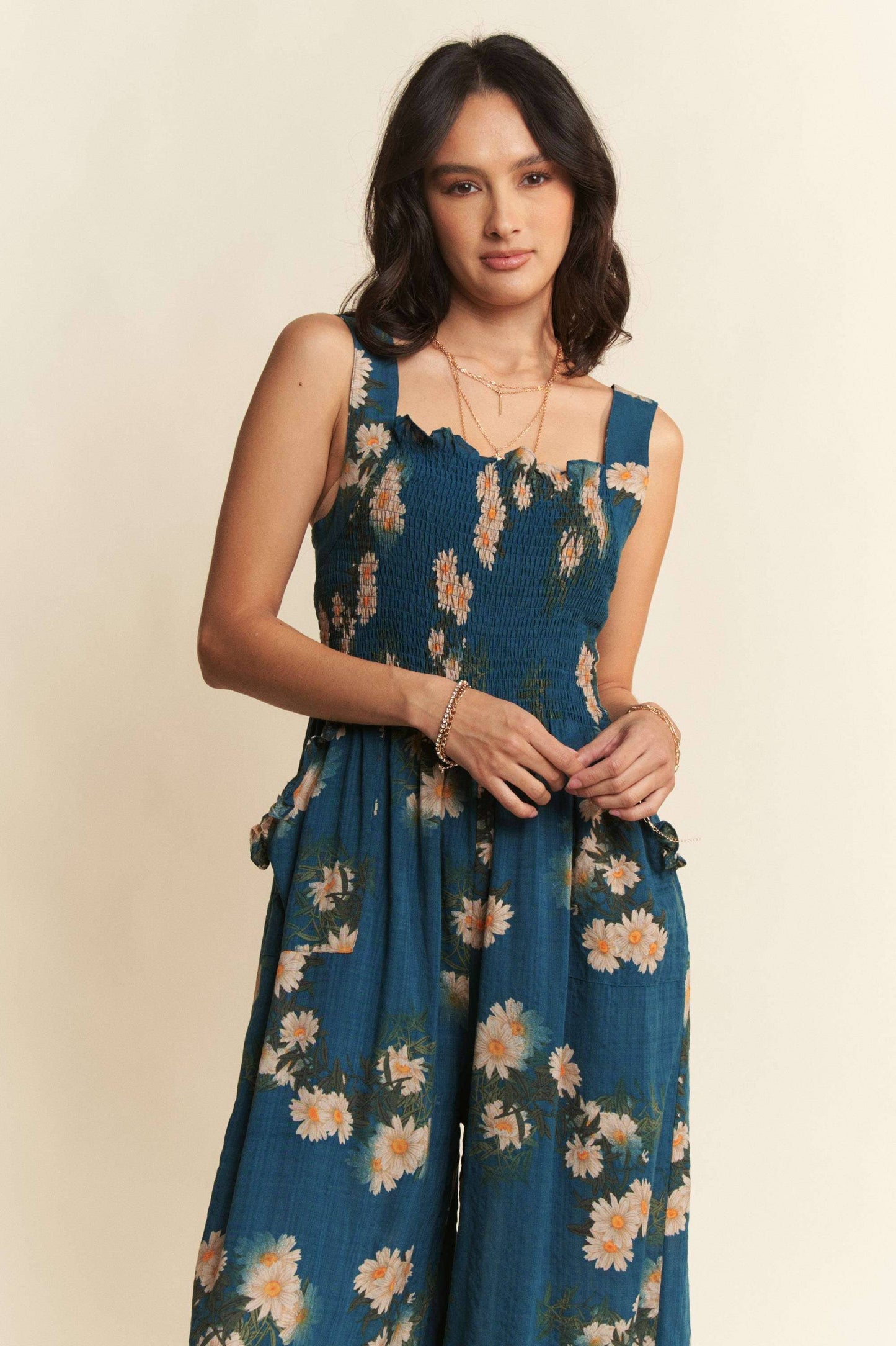 FLORAL RUFFLE SQUARE NECK SMOCKING BODICE JUMPSUIT