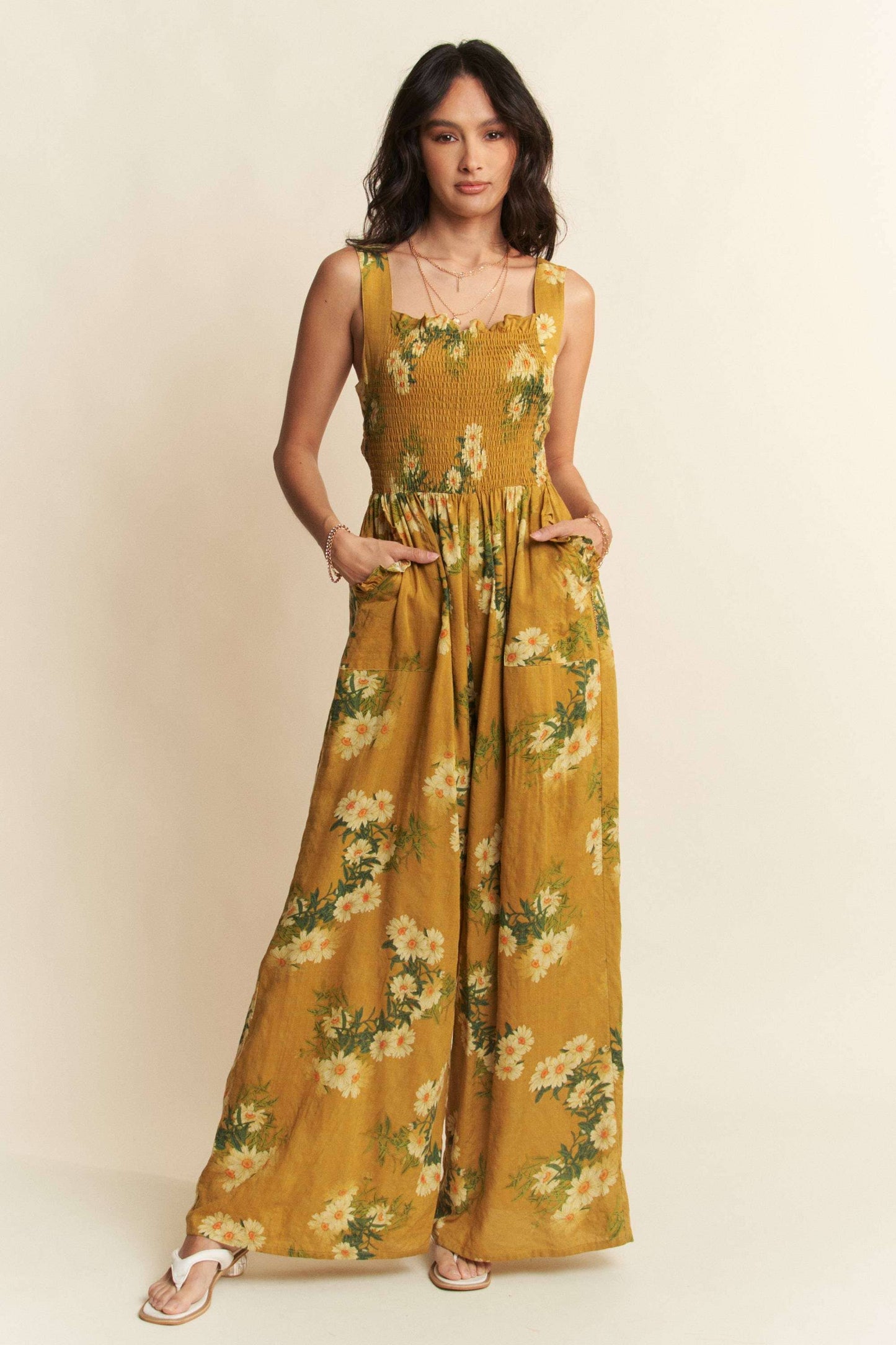 FLORAL RUFFLE SQUARE NECK SMOCKING BODICE JUMPSUIT