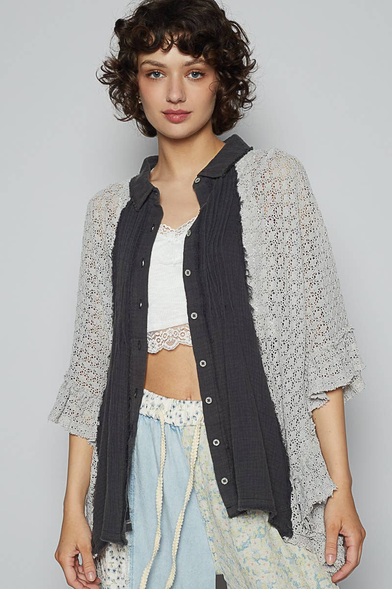 Oversize crochet contrast ruffle detail woven top