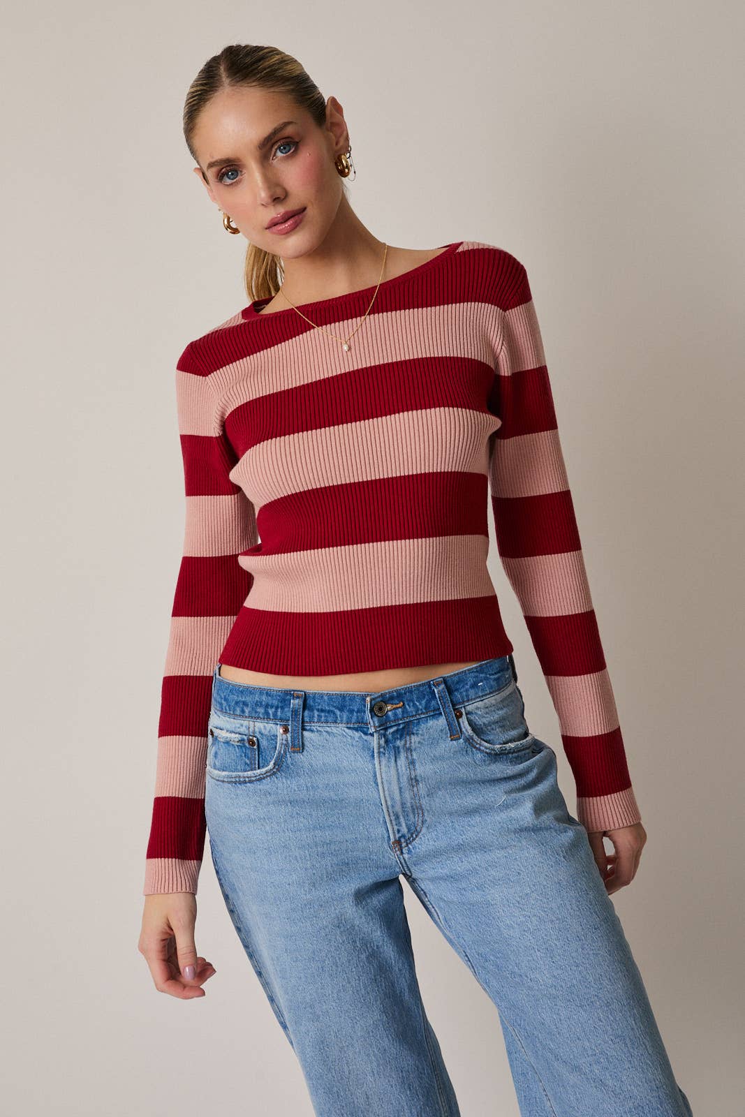 ROUND NECK LONG SLEEVE STRIPE RIBBED TOP