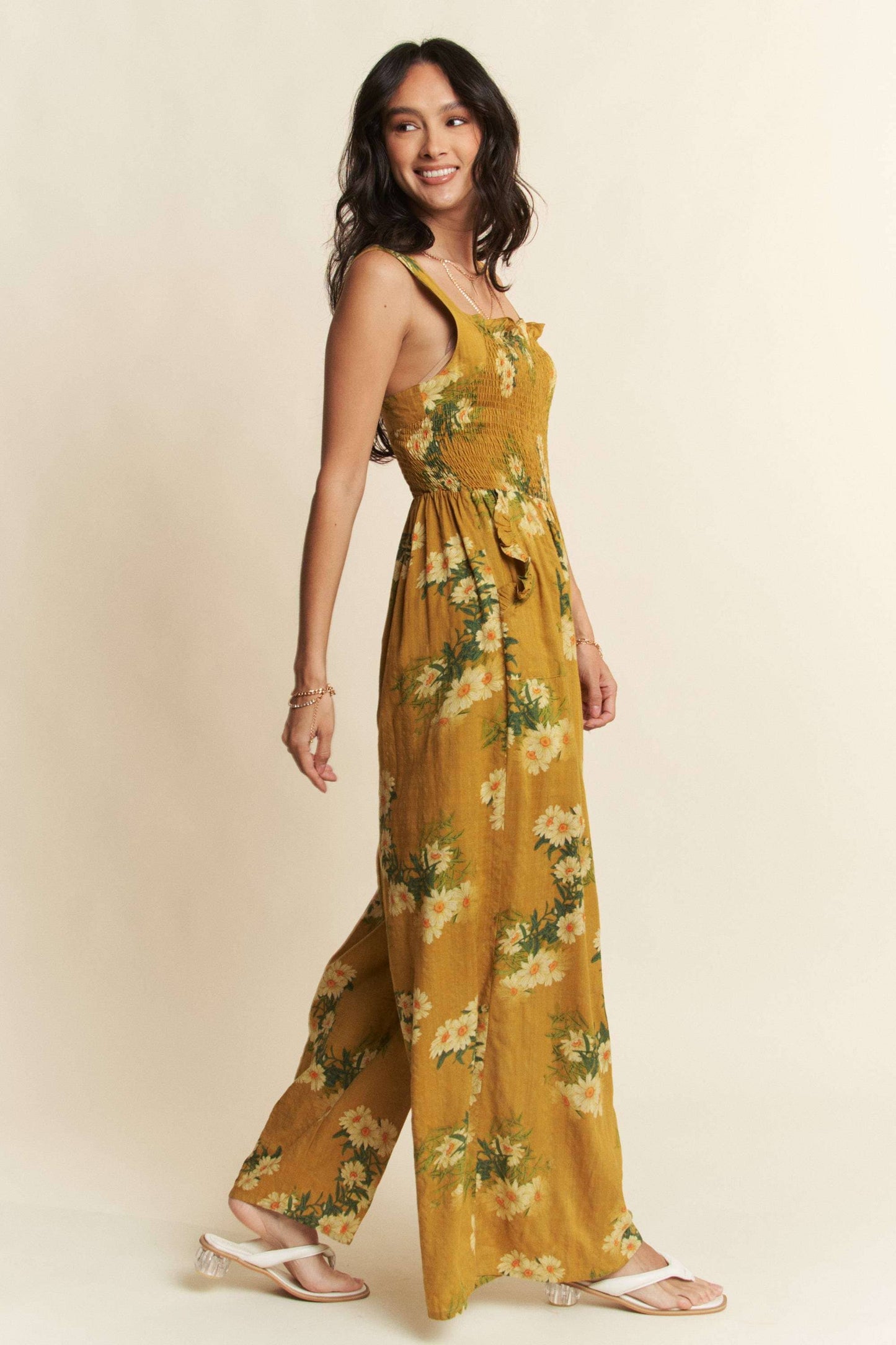 FLORAL RUFFLE SQUARE NECK SMOCKING BODICE JUMPSUIT
