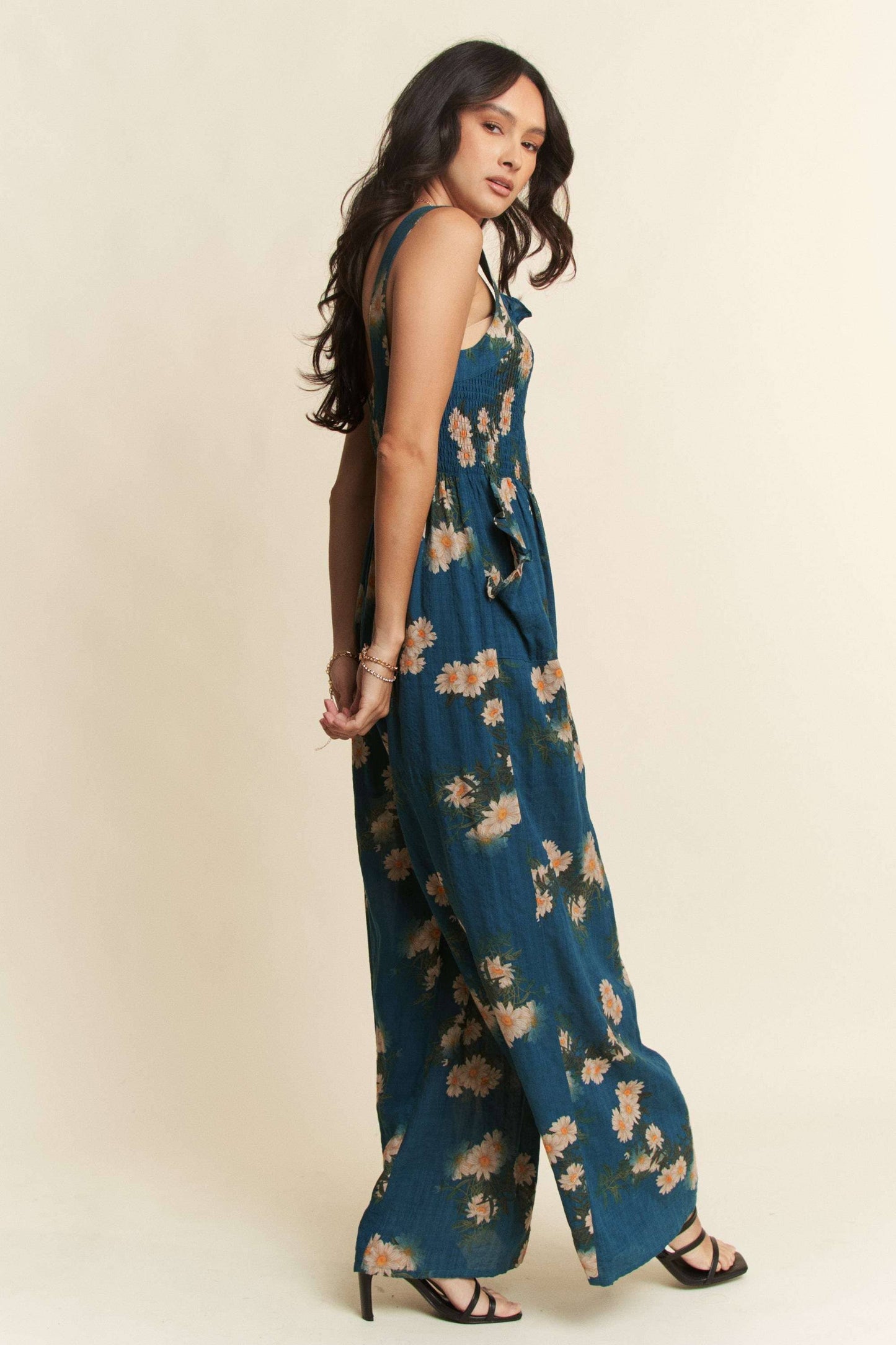 FLORAL RUFFLE SQUARE NECK SMOCKING BODICE JUMPSUIT