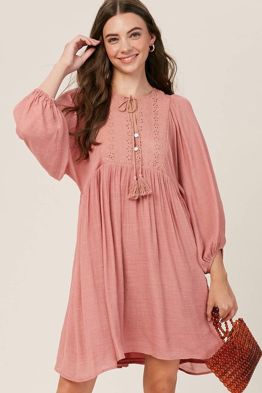 Embroidered Tassel Tie Babydoll Dress