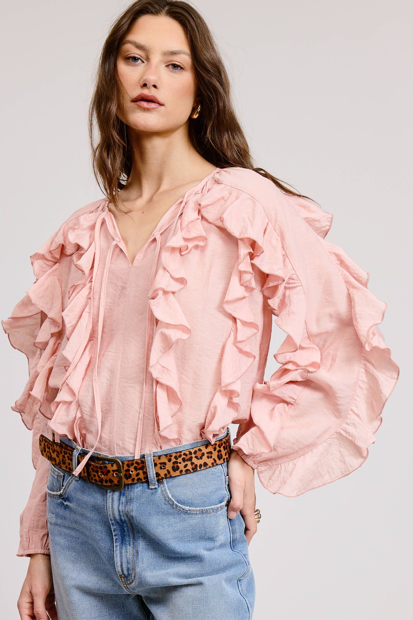 Ruffled Tie Front Boho Long Sleeve Blouse