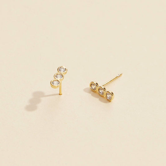 Three Linked Rhinestones Gold Dip Stud Earrings