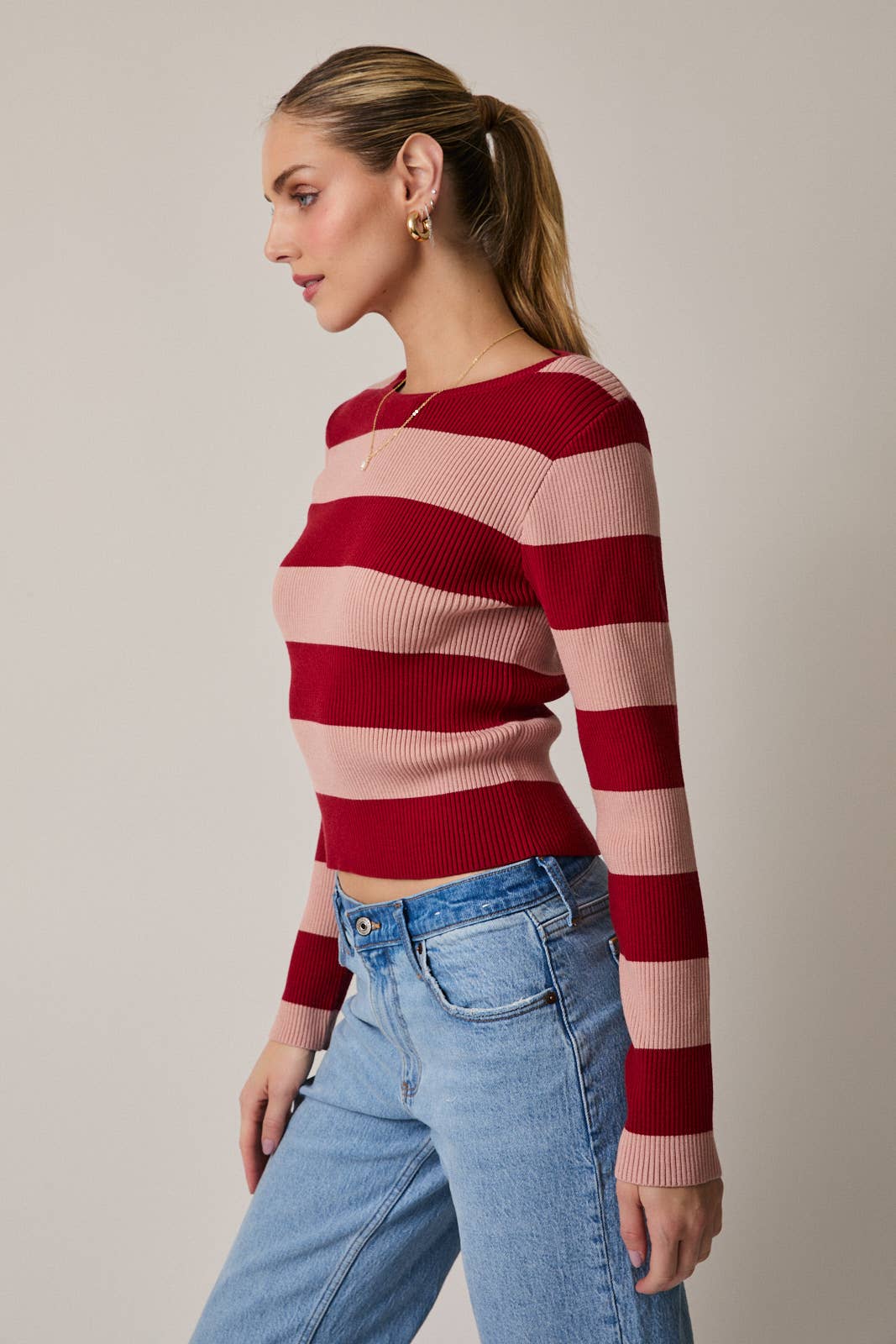 ROUND NECK LONG SLEEVE STRIPE RIBBED TOP