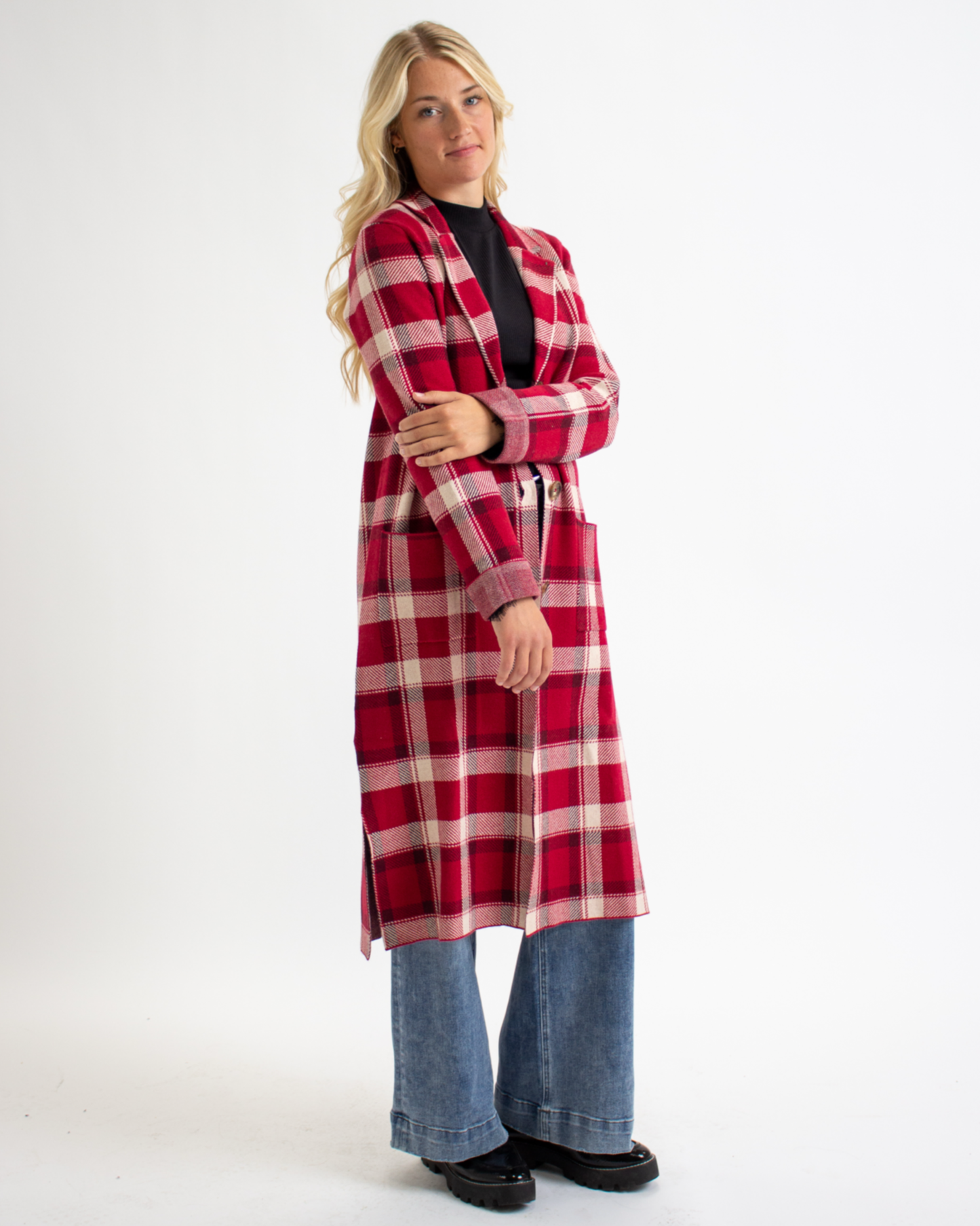 Heritage Red Plaid Button Down Long Sleeve Sweater Jacket