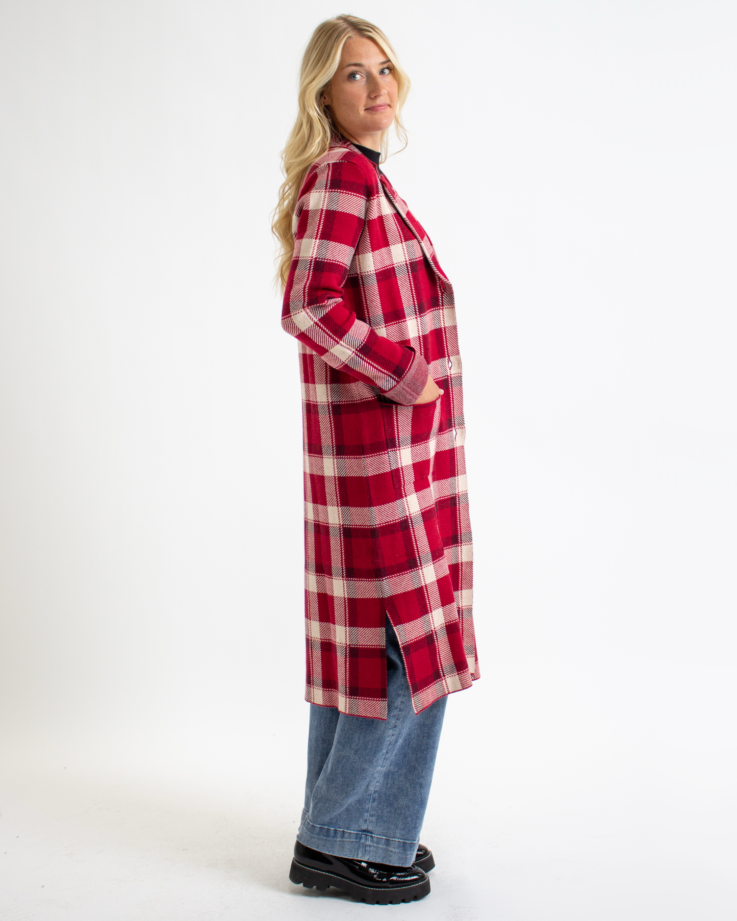Heritage Red Plaid Button Down Long Sleeve Sweater Jacket