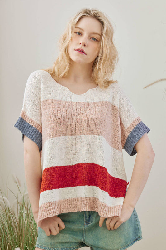 Contrast Striped Short Sleeve Knit Top