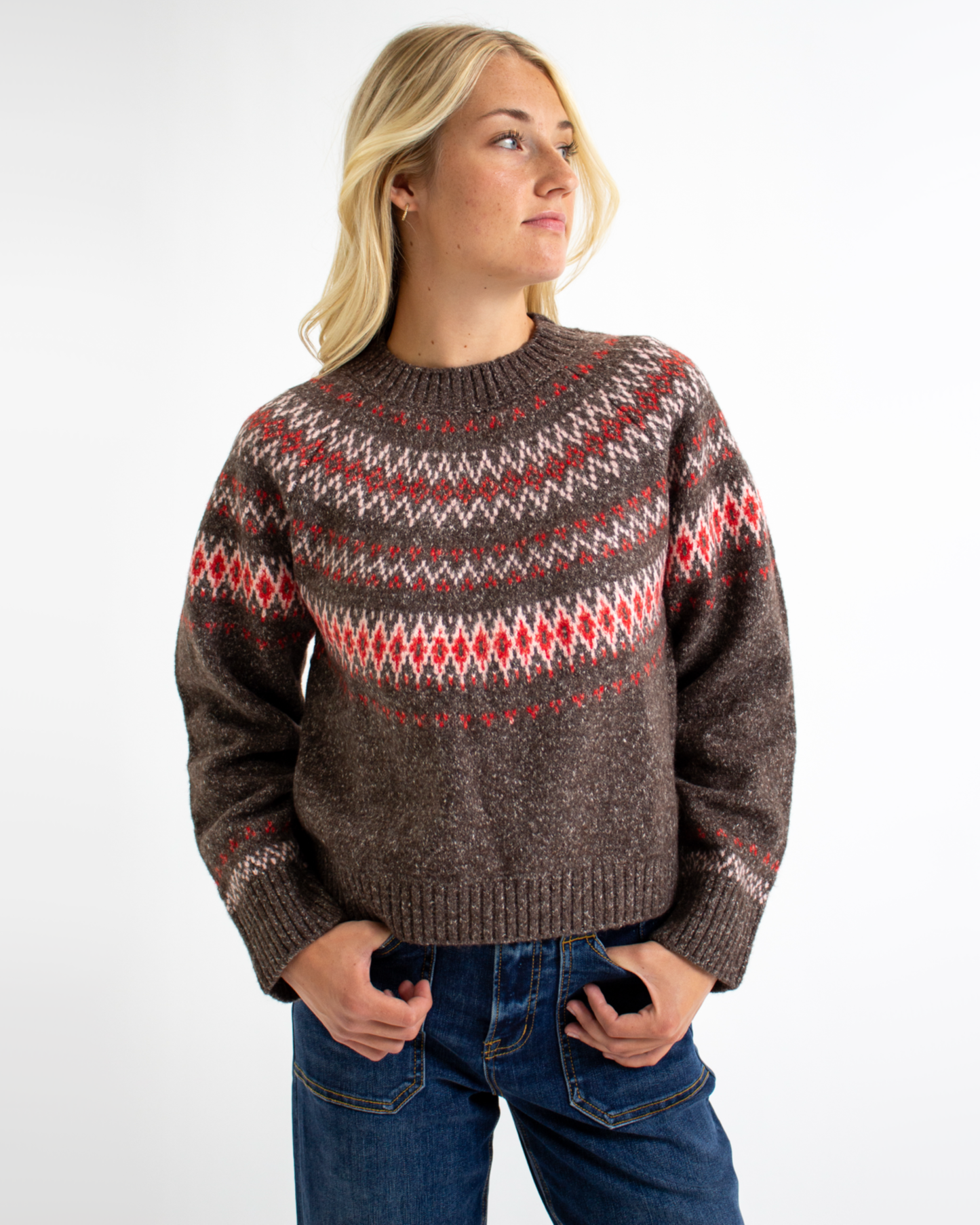 Fair Weather Brown Mock Neck Geometric Print Sweater