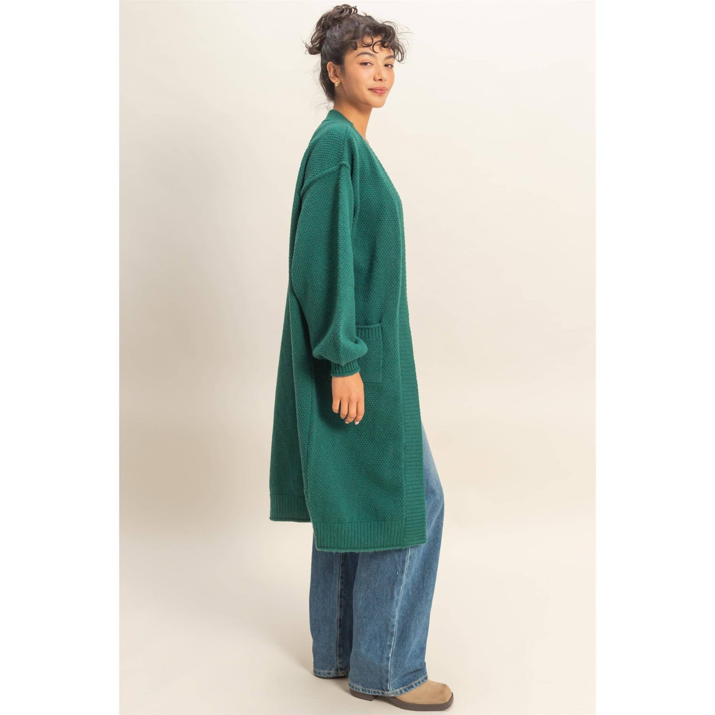 Oversized Textured Open Front Long Cardigan Sweater