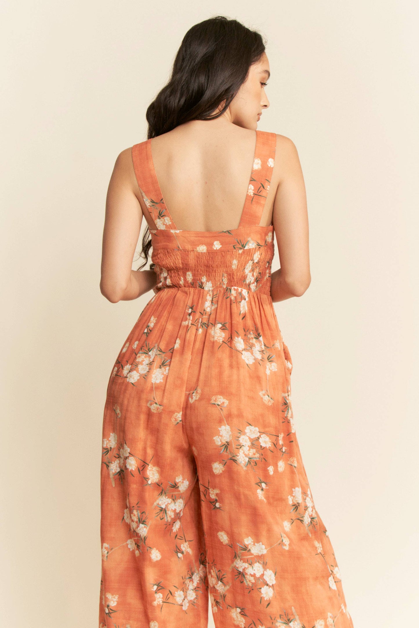 FLORAL RUFFLE SQUARE NECK SMOCKING BODICE JUMPSUIT
