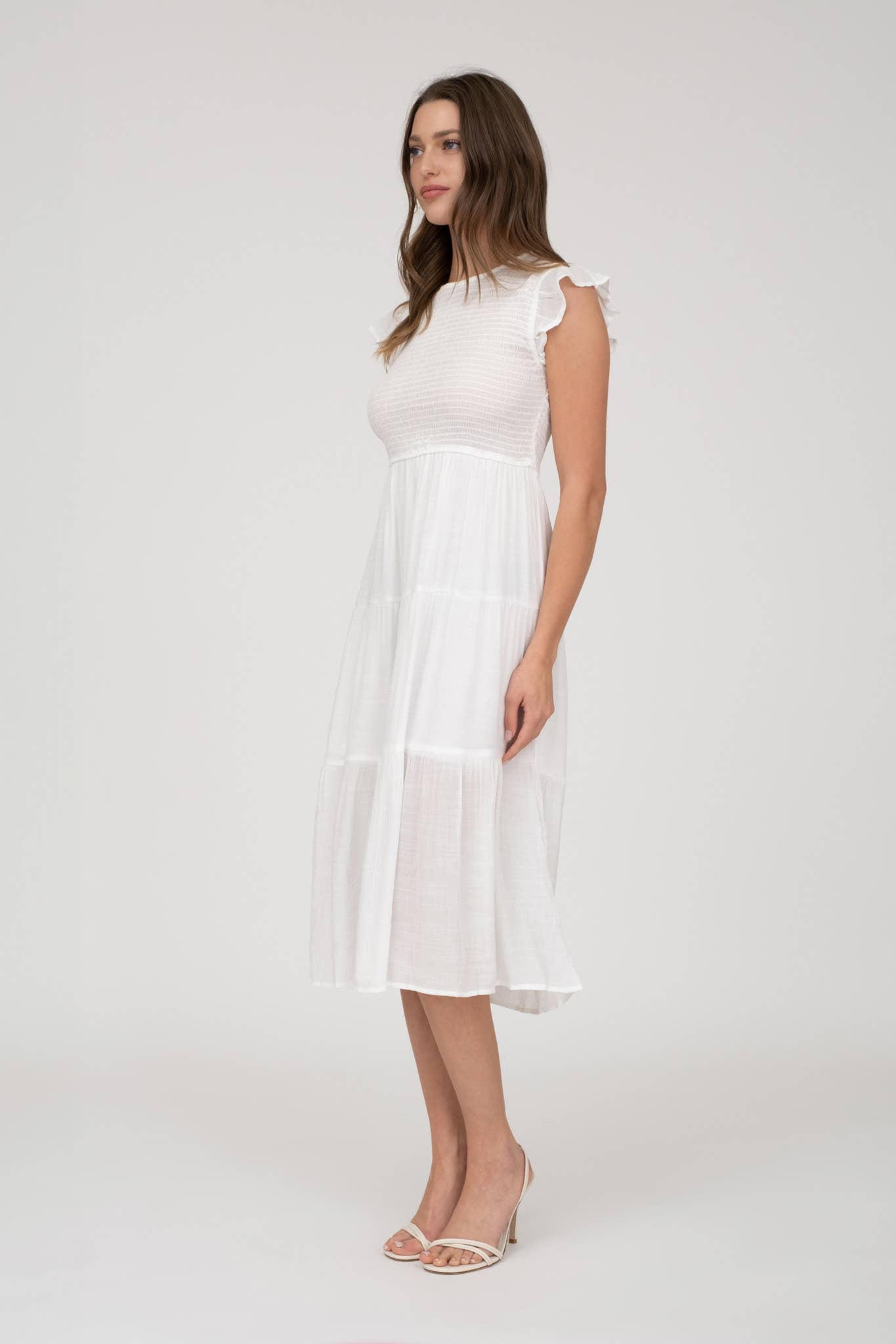 SMOCKED TIERED MIDI DRESS