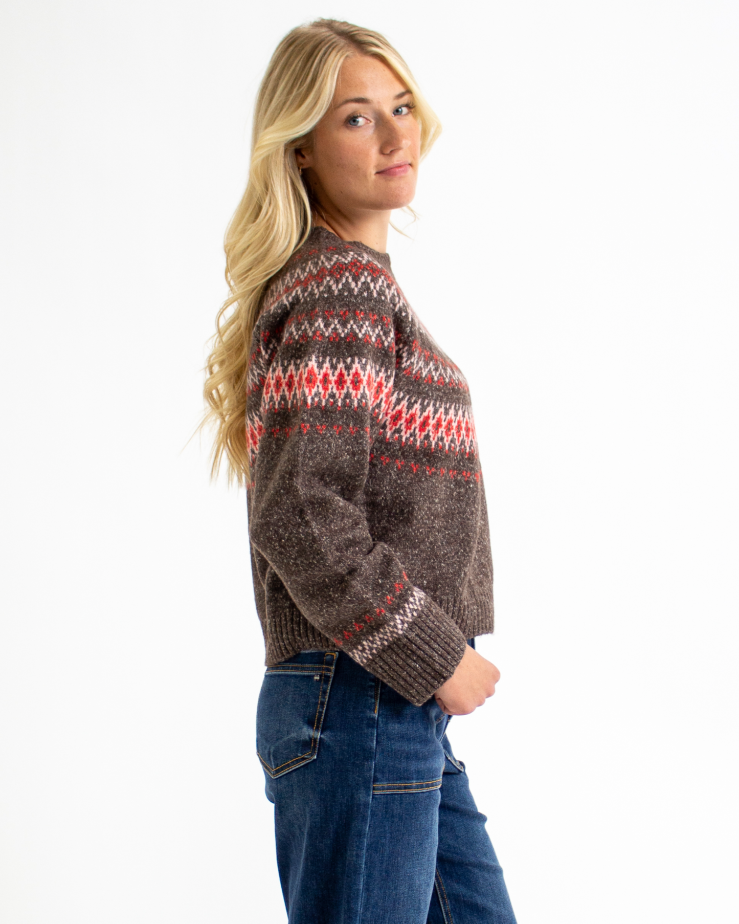 Fair Weather Brown Mock Neck Geometric Print Sweater
