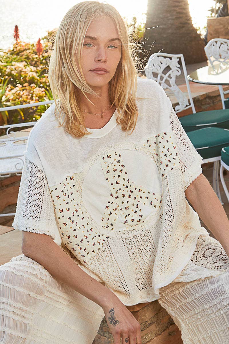 Oversize round neck crochet print peace mark top SALE