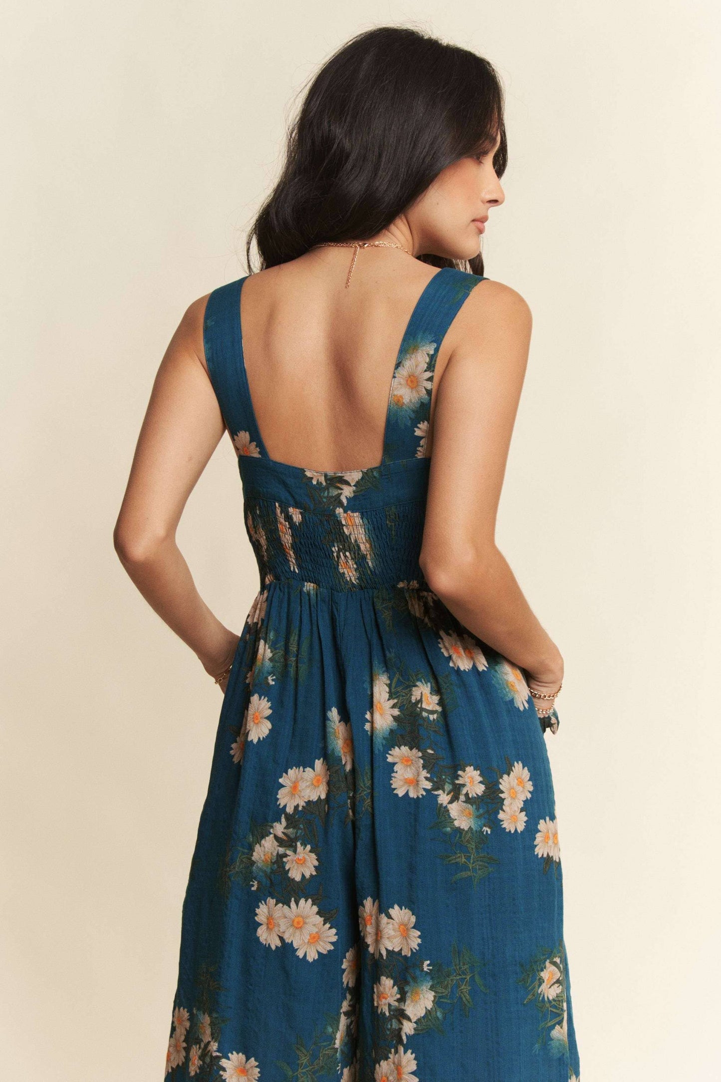 FLORAL RUFFLE SQUARE NECK SMOCKING BODICE JUMPSUIT
