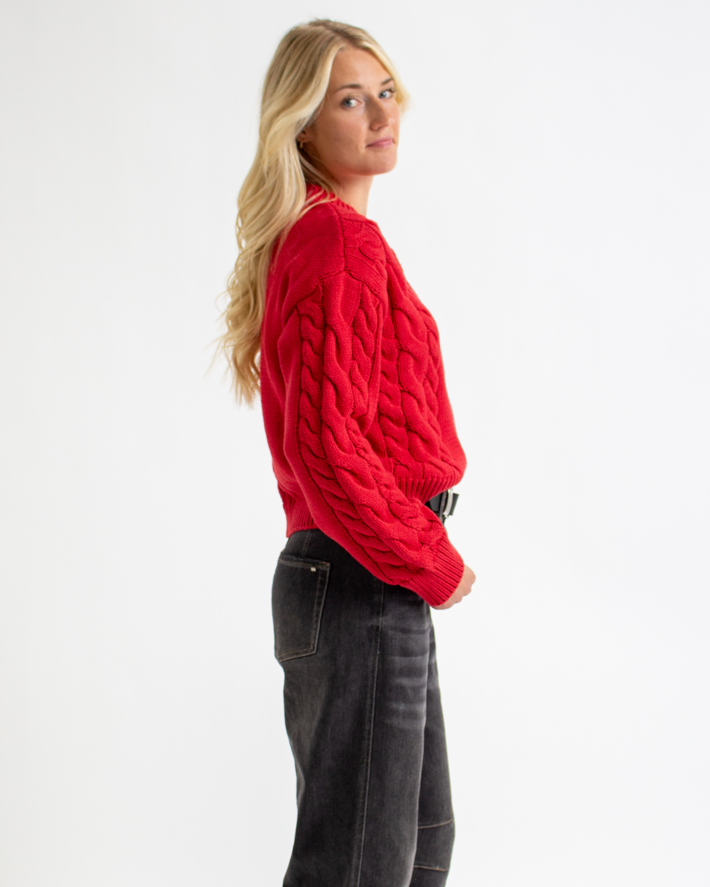 Schmancy Cable Knit Red Button Down Sweater Cardigan