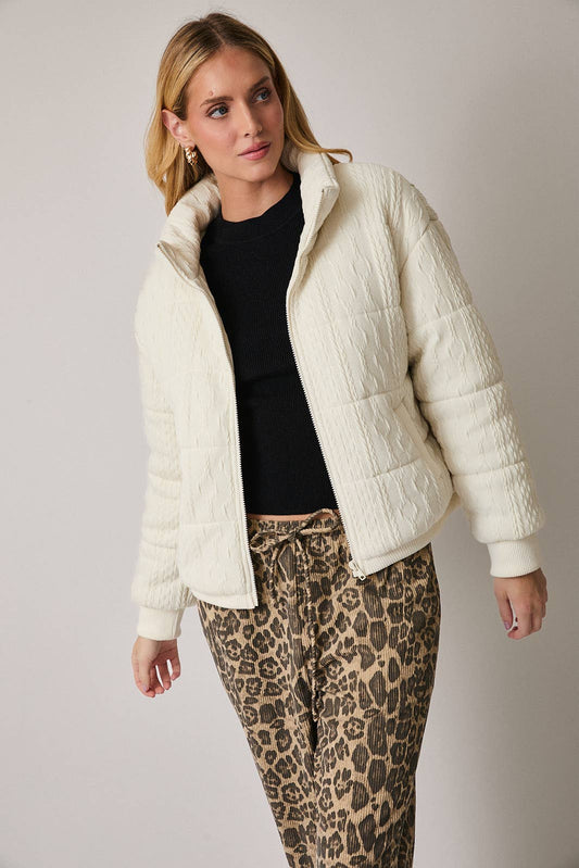 HIGH NECK LONG SLEEVE CABLE KNIT QUILTED JACKET