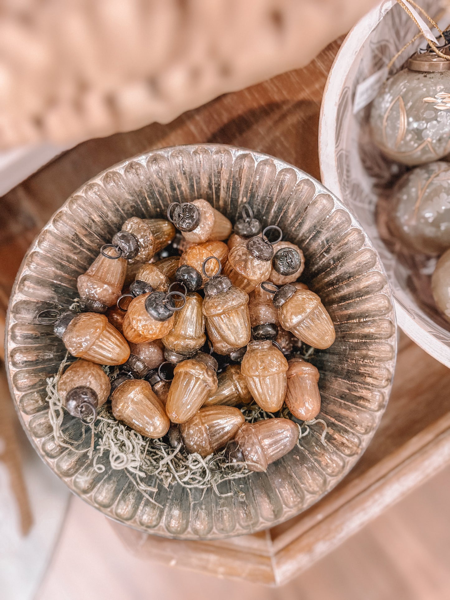 Tiny Glass Acorn Ornament Champagne Blushed Bronze
