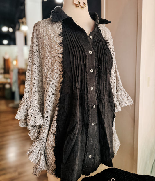 Oversize crochet contrast ruffle detail woven top