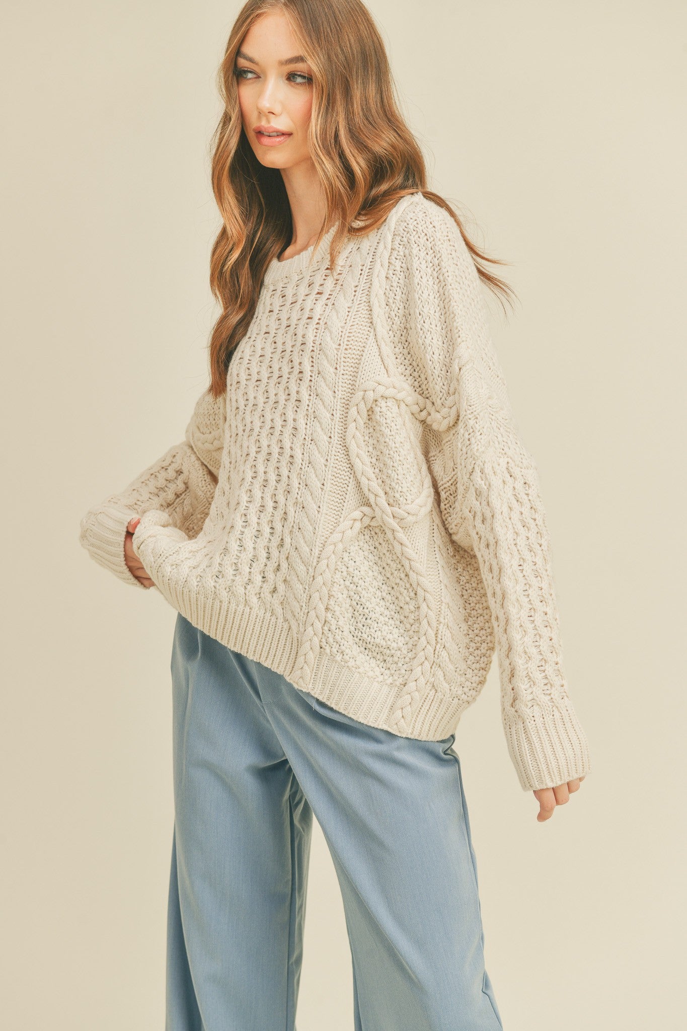 Braided Knit Sweater in Oatmeal