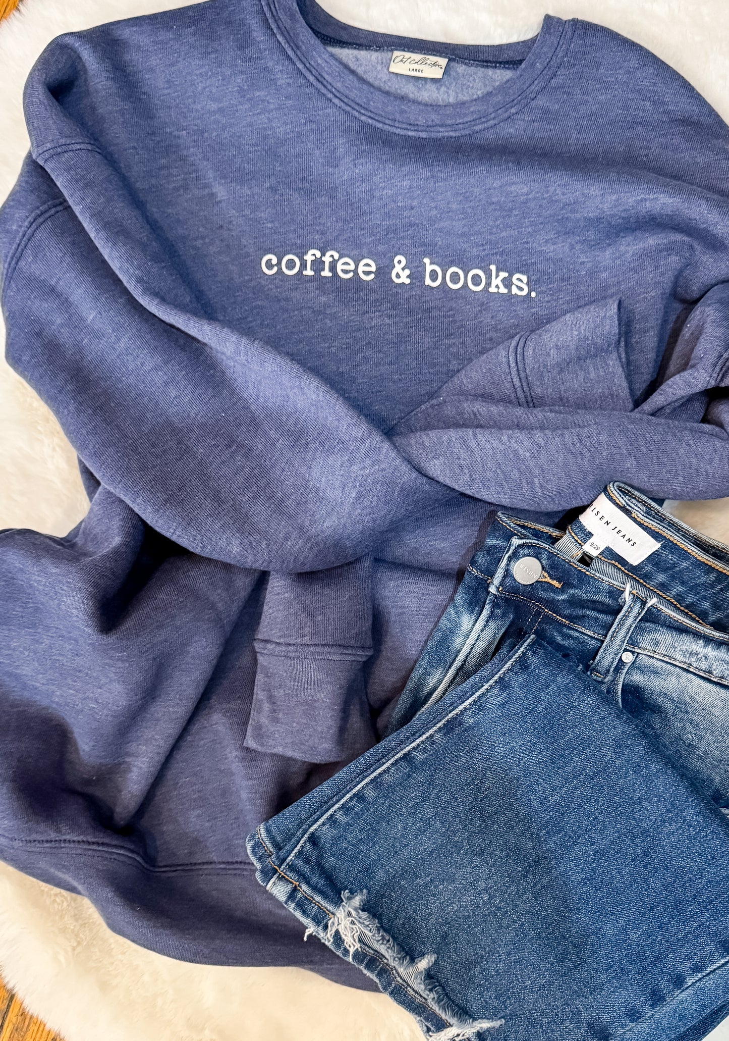 Coffee & Books Soft Fleece Crewneck Sweatshirt • Indigo