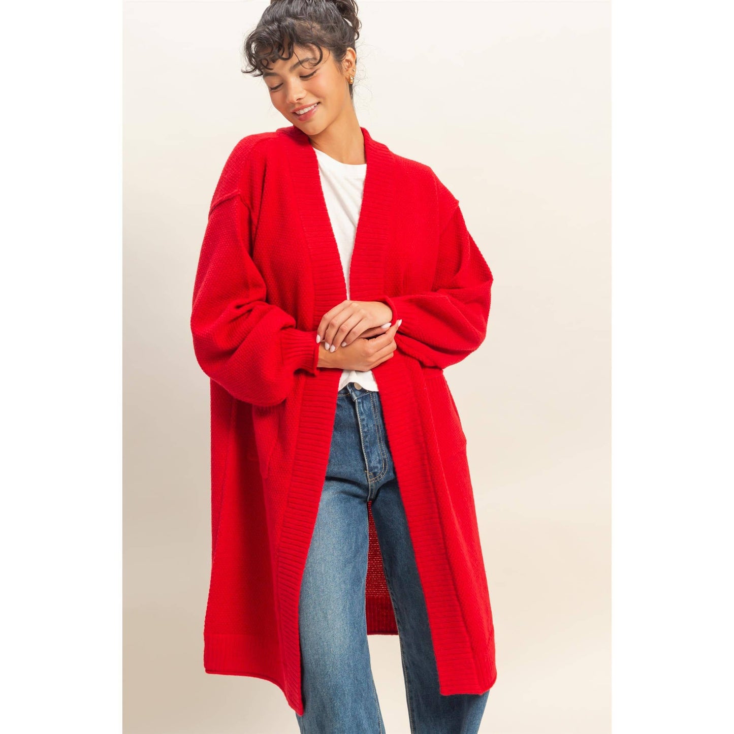 Oversized Textured Open Front Long Cardigan Sweater