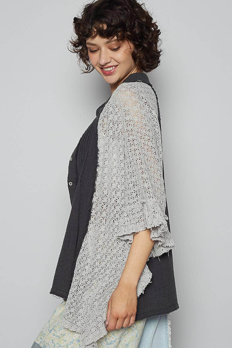 Oversize crochet contrast ruffle detail woven top