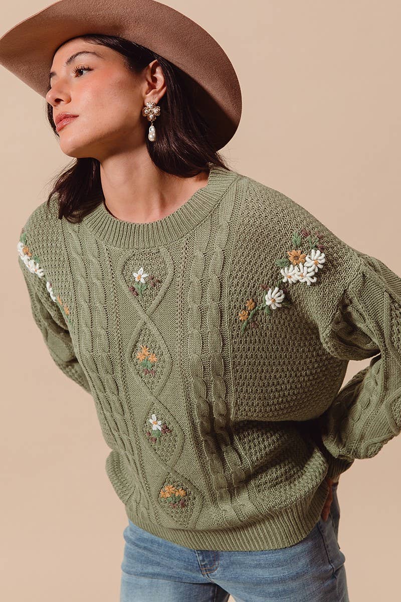 Embroidered Flower Cable Knitted Sweater Top