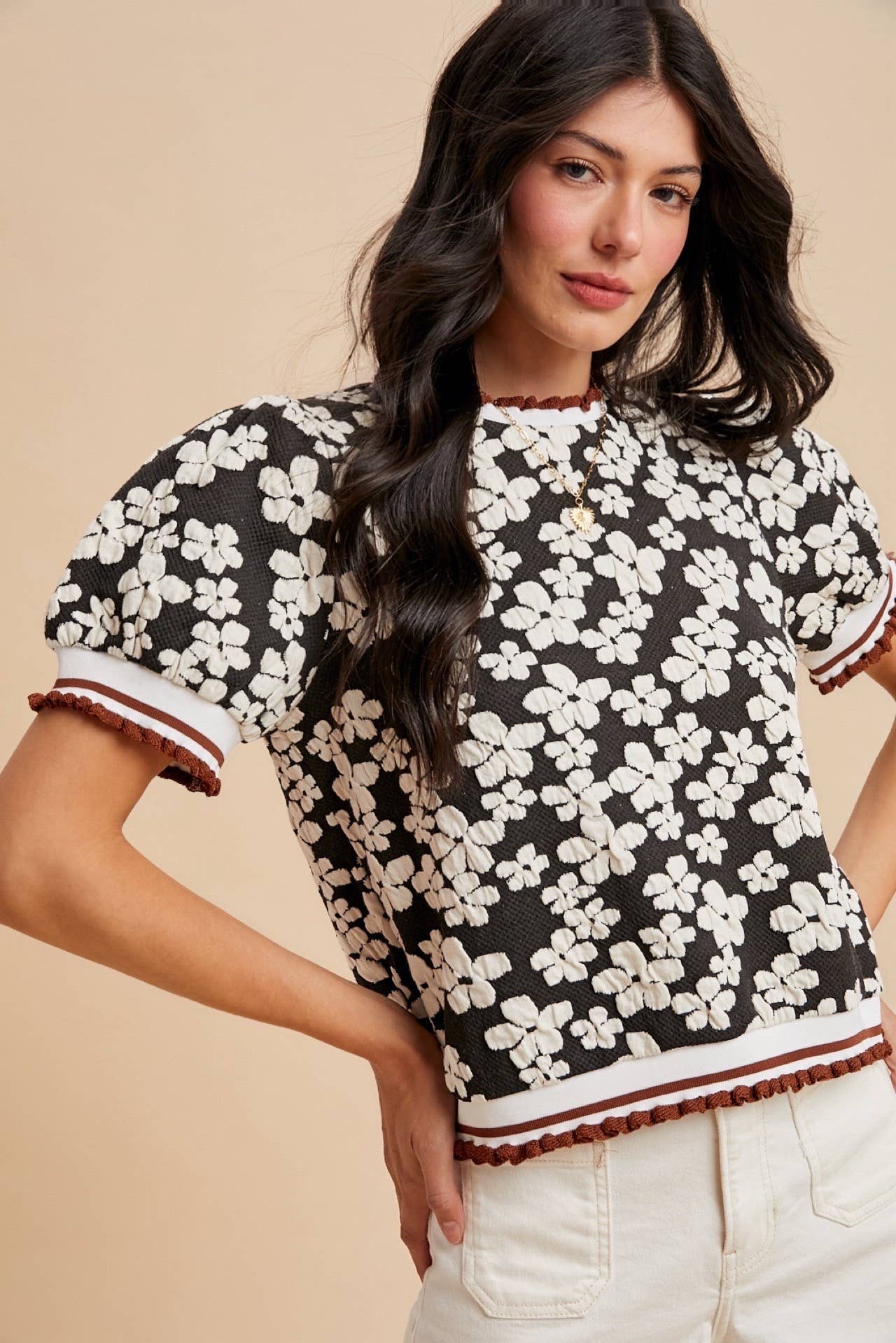 Flower Embossing Puff Sleeve Knit Top