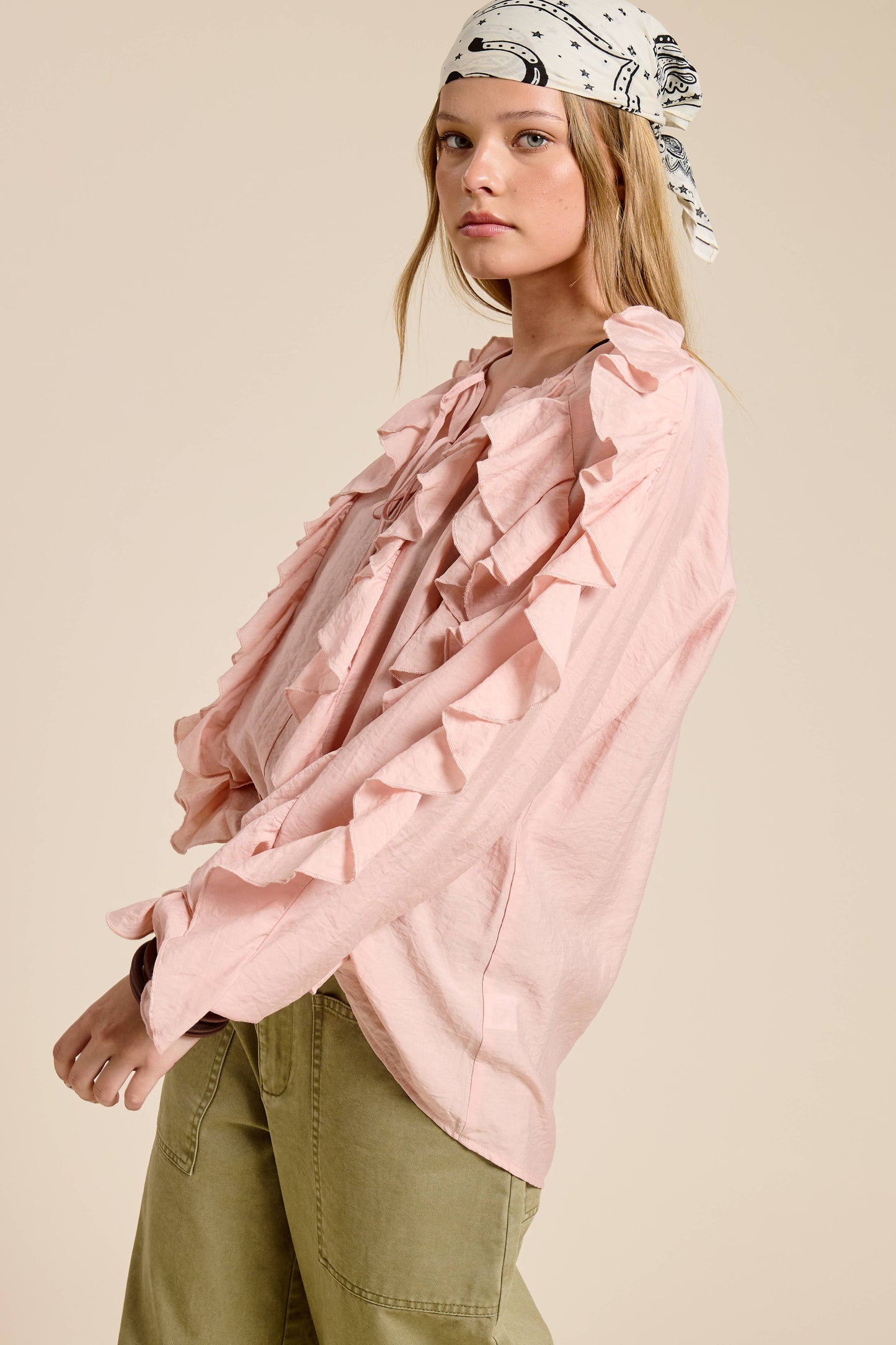 Ruffled Tie Front Boho Long Sleeve Blouse